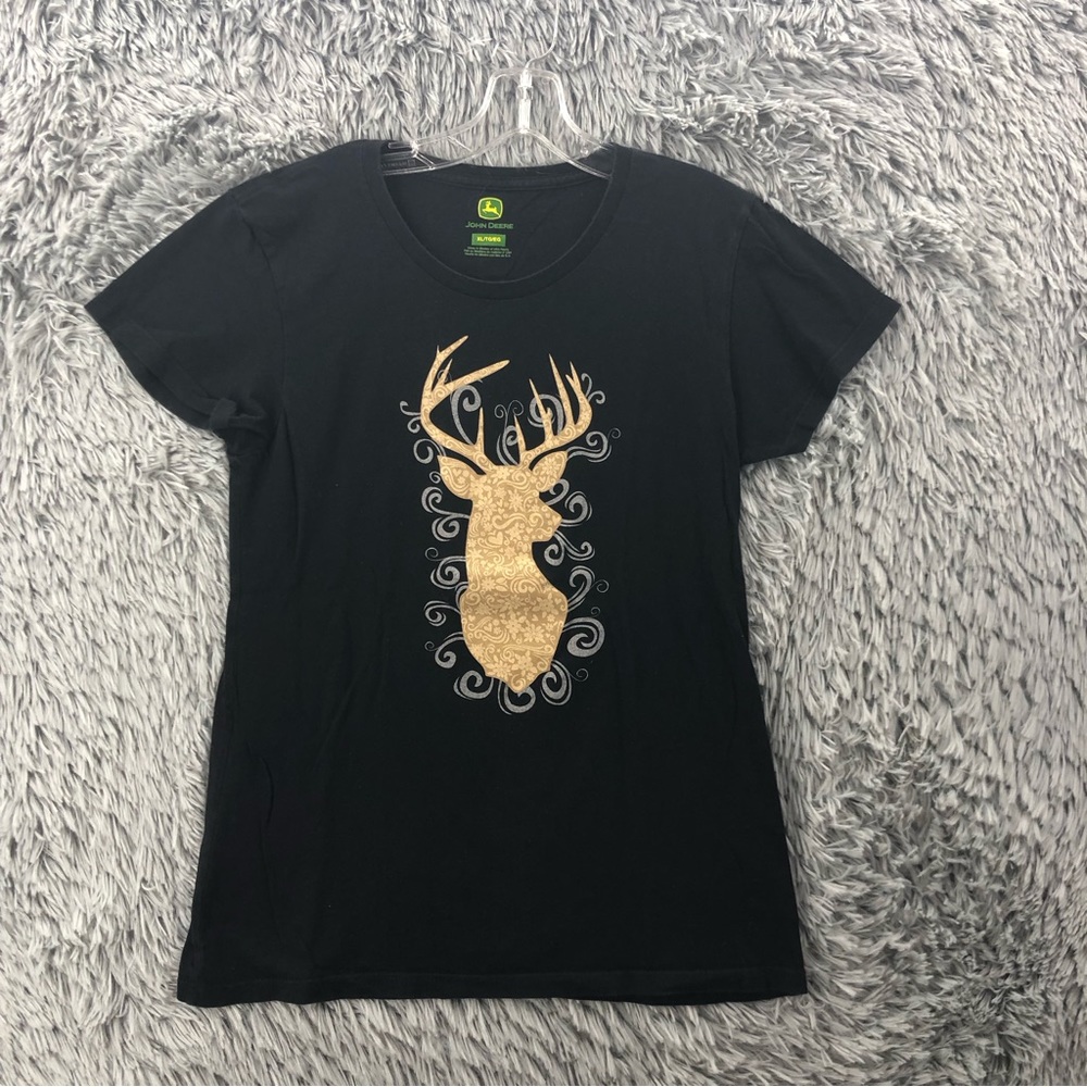 John Deere Tshirt Womens XL Black Deere Buck Silhouette Spellout Shirt